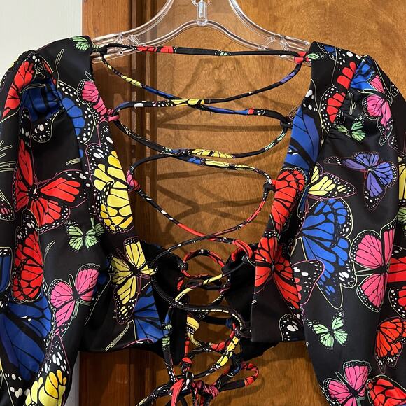 JADED LONDON Butterfly Puff Sleeve Lace‎ Up Crop Top Festival Black Women's 4 - Picture 7 of 10